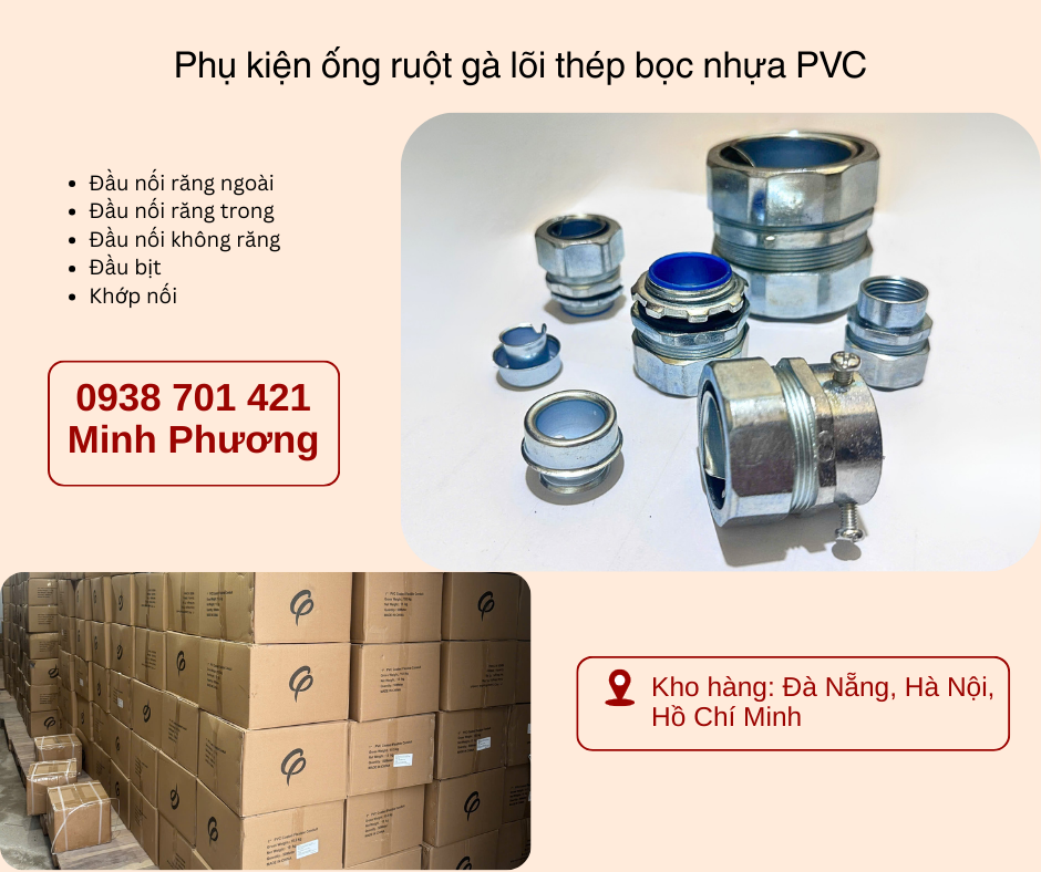 Phụ kiện ống ruột gà lõi thép bọc nhựa PVC sẵn kho Đà Nẵng, Hà Nội, Hồ Chí Minh